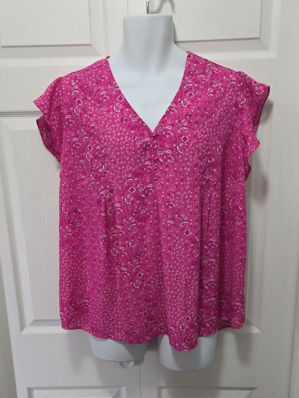 Cynthia Rowley 1X Pink Floral V-Neck Flutter Sleeve Blouse